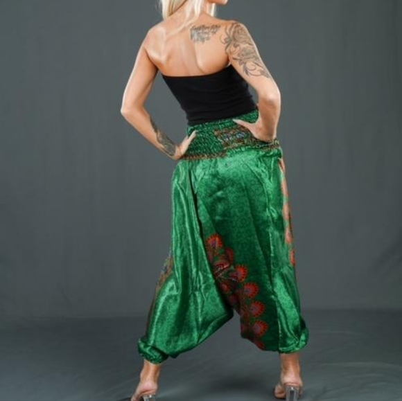 Brand New Hippie Boho Green Multicolor Print Harem Pants - Picture 3 of 3